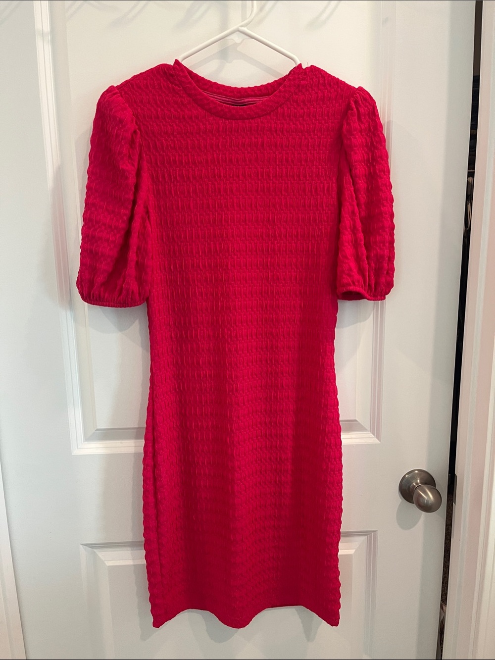 SHEIN Hot Pink Textured Puff-Sleeve Midi Dress